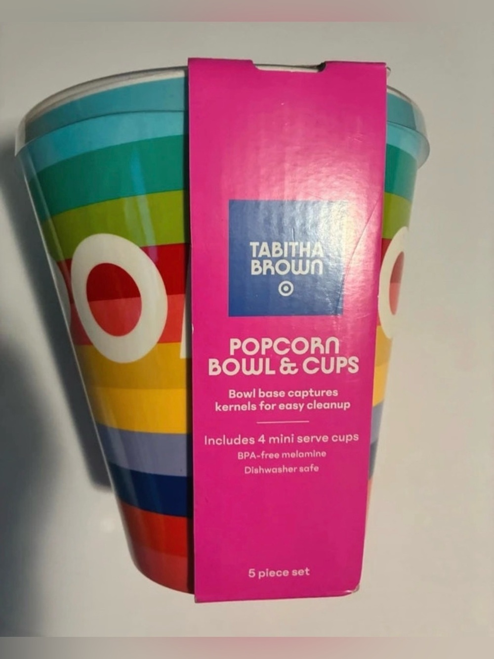Tabitha Brown for Target Popcorn Bowl & 4 Cups 5 Pc Set Rainbow Melamine NIB